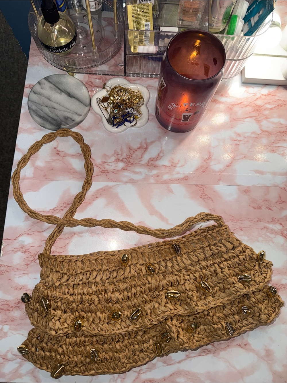 Handwoven Straw Shell-Embellished Crossbody Bag - Natural